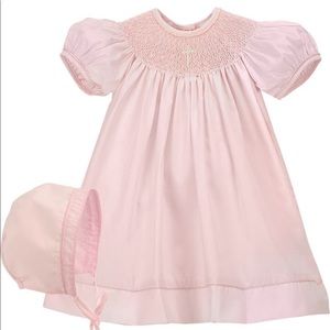Nordstrom Pink Baptismal / Christening baby gown and bonnet with pearl cross